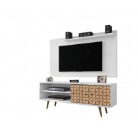 Manhattan Comfort 221-201AMC67 Liberty 62.99 Mid-Century Modern TV Stand and Panel with Solid Wood Legs in White and 3D Brown Prints